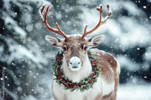 Cheerful reindeer with a wreath around its neck, standing in front of a snowy forest