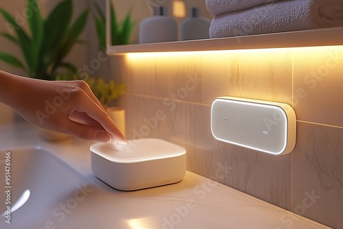 Spa-like bathroom with a person touching a sleek, glowing device photo