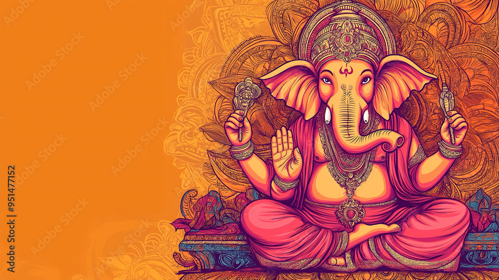 A rendering of Lord Ganesh, seated meditatively among floral and mandala designs. A rendering of Lord Ganesh, seated meditatively among floral and mandala designs.