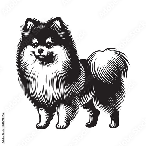 Pomeranian Dog Standing silhouette - standing dog side view Vector illustration in black and white 