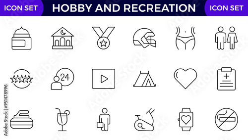 Hobby and recreation linear icons collection. Hobbies for children and adults at home and outdoors. Sports, diving, dancing, reading, drawing, music and singing, chess, astronomy, photo and video.