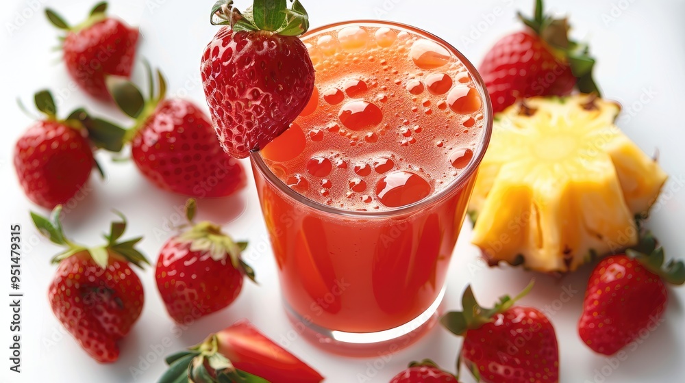 Strawberry pineapple juice in a clear glass isolated on white background. Generative AI. Strawberry pineapple juice in a clear glass isolated on white background. Generative AI.