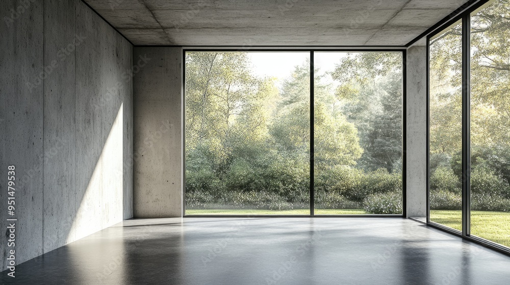 Fototapeta premium Minimalist concrete room with large windows overlooking a green lawn.