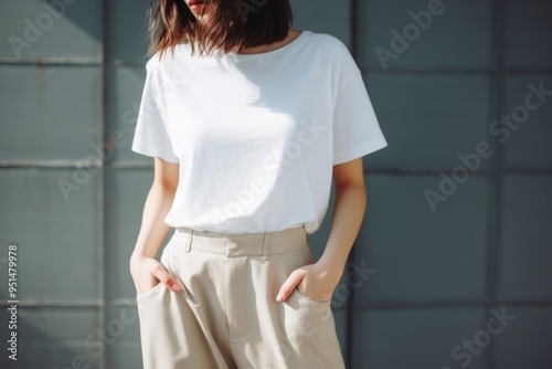 Wideleg jeans t-shirt sleeve blouse.