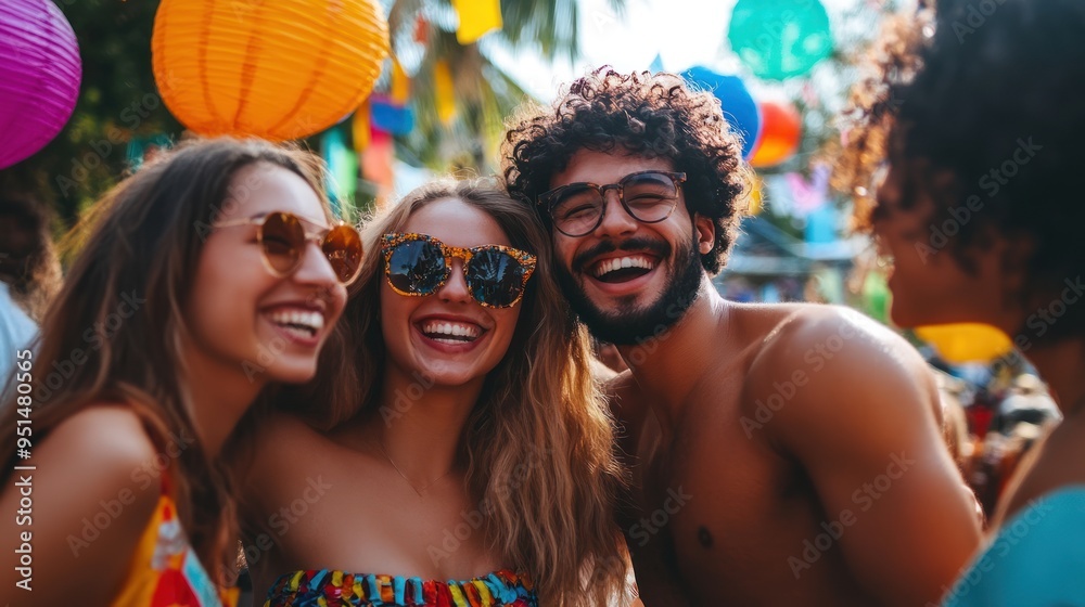 Smiling friends embracing each other and celebrating at a festive outdoor party, with colorful decorations in the background. Smiling friends embracing each other and celebrating at a festive outdoor party, with colorful decorations in the background.