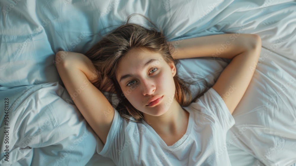 Fototapeta premium Top view of skinny girl wearing comfortable clothes in bedroom