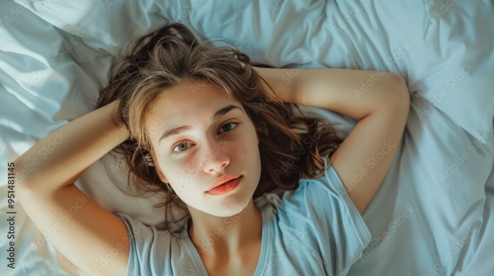 Top view of skinny girl wearing comfortable clothes in bedroom Top view of skinny girl wearing comfortable clothes in bedroom