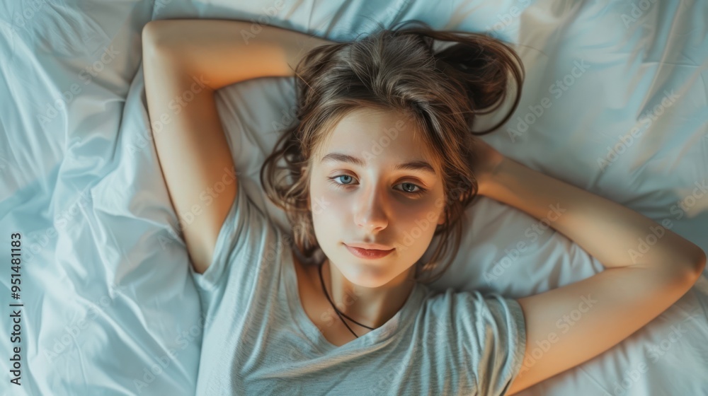 Top view of skinny girl wearing comfortable clothes in bedroom Top view of skinny girl wearing comfortable clothes in bedroom