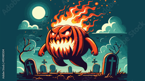 illustration of a pumpkin monster with fire on its head rampaging in a cemetery, flat design style