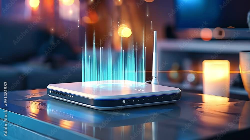 Light Pipe Wireless Router A modern wireless router emitting a glowing blue signal in a cozy ...