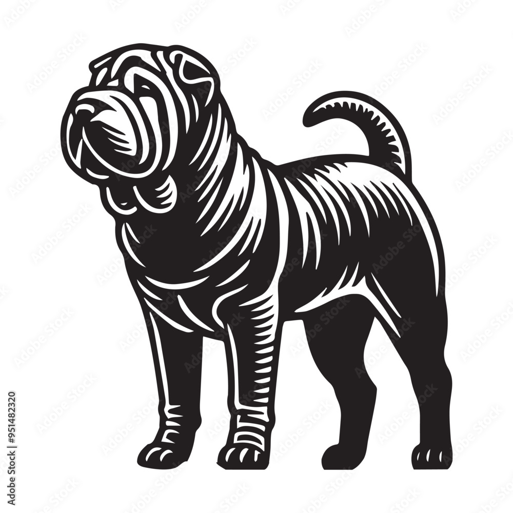 Shar Pei Dog Standing silhouette - standing dog side view Vector illustration in black and white
Shar Pei Dog Standing silhouette - standing dog side view Vector illustration in black and white