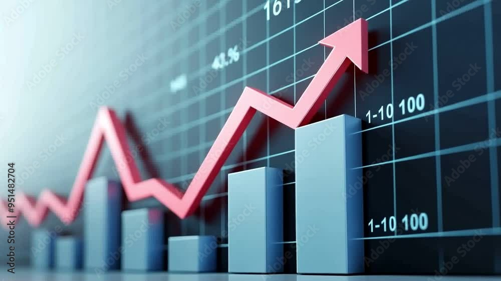 A blue bar graph with a red arrow pointing upwards, symbolizing growth ...