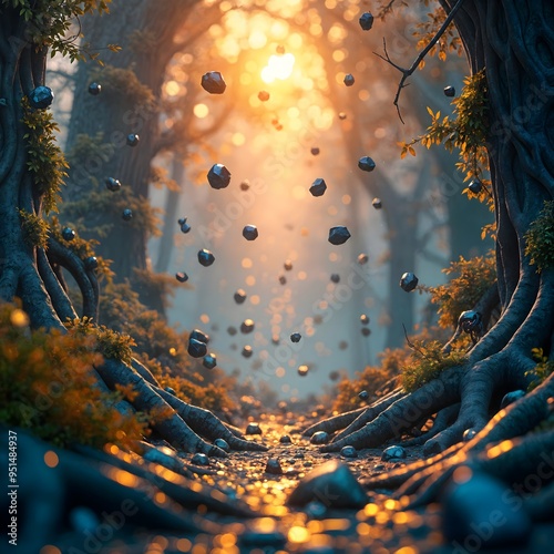 Enchanted Forest of Whimsy and Magic with Falling Pebbles