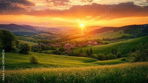 A beautiful sunset sky above a rural village, with rolling green hills and fields stretching into the distance, showcasing the serene beauty of the countryside. photo