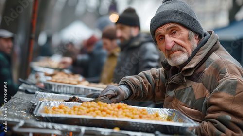 A homeless man receives a free meal from a food bank. An older man in a brown jacket and a beanie hat reaches for a serving of food from a large pan