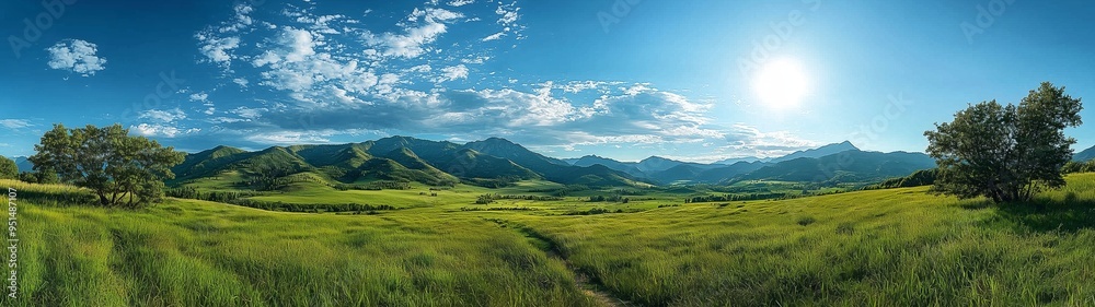 Fototapeta premium Expansive green field under a bright sun, with distant mountains on the horizon, showcasing a beautiful natural landscape.