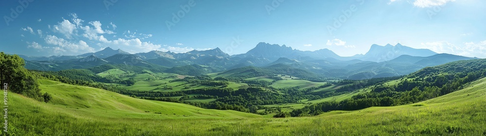 Fototapeta premium A scenic green valley with a distant mountain range, offering a serene and expansive view of untouched nature.