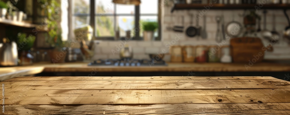 Empty wooden tabletop in cozy kitchen setting with decor. Empty wooden tabletop in cozy kitchen setting with decor.