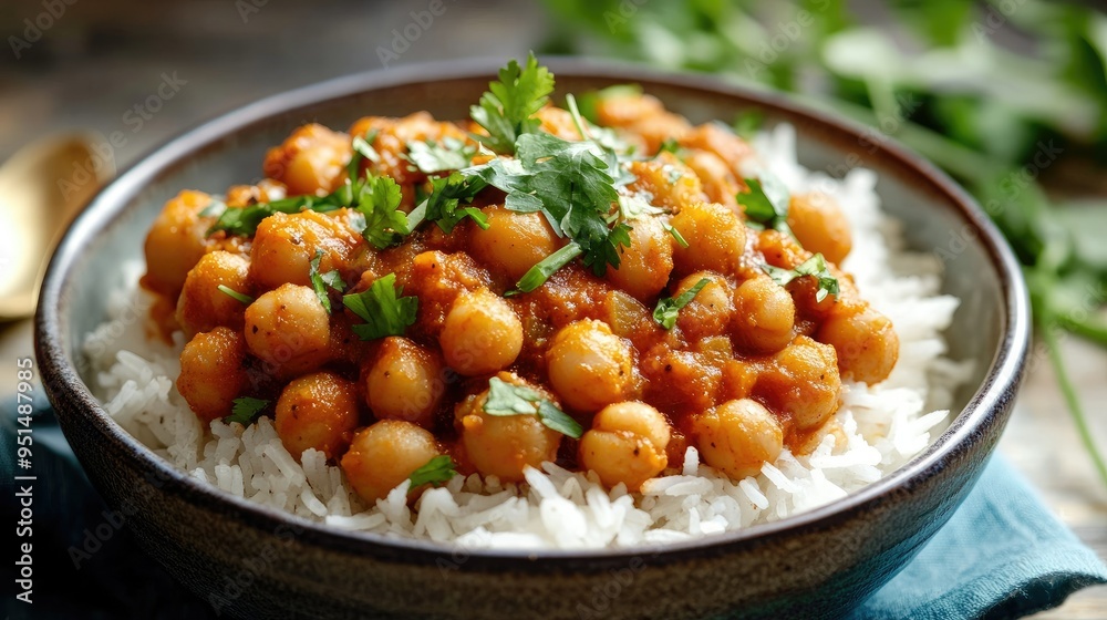 A bowl of Indian chana masala, garnished with fresh coriander and served with a side of rice, showcasing the rich, spicy flavors of this dish. A bowl of Indian chana masala, garnished with fresh coriander and served with a side of rice, showcasing the rich, spicy flavors of this dish.