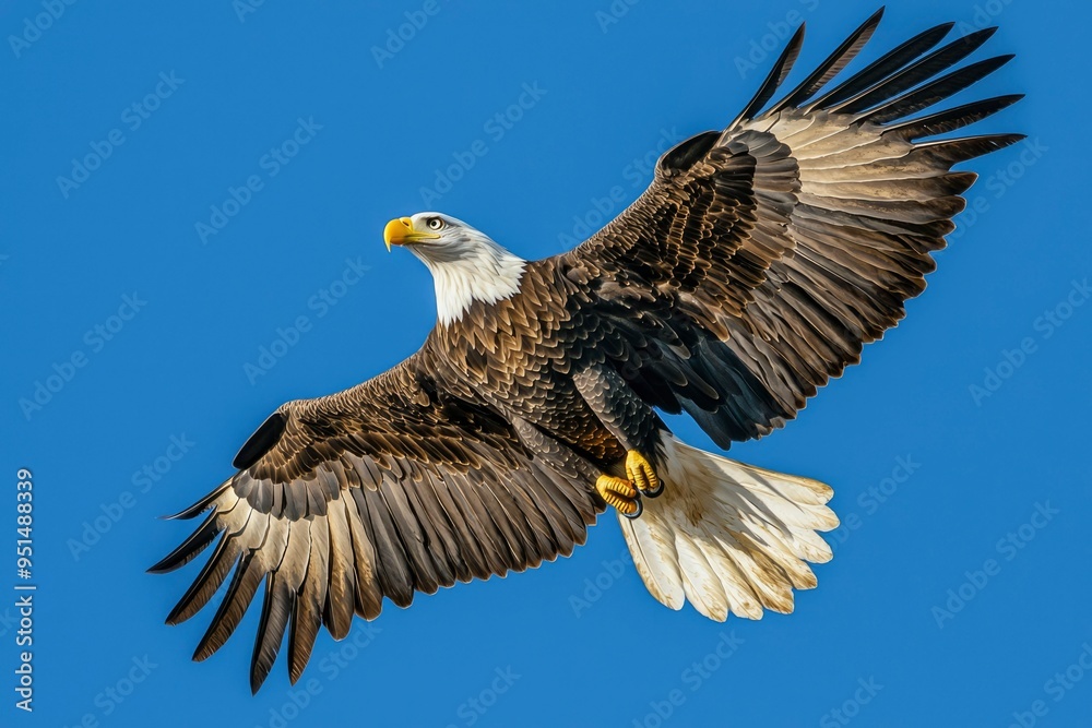 Fototapeta premium Bald Eagle in Flight with Wings Spread Against a Blue Sky