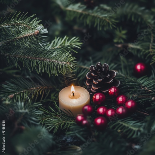 Minimalistic christmas symbols with candle, pinecone, and berries for holiday decor