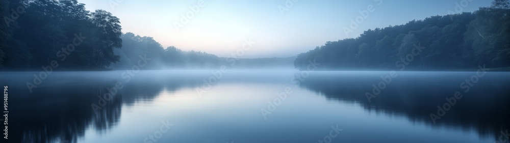 Fototapeta premium A serene lake at dawn with mist rising from the water and trees reflecting on the still surface, creating a tranquil atmosphere.