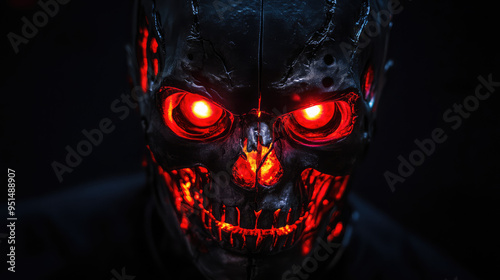 A disturbing mask with skeletal, cracked features, hollow eye sockets, and glowing red eyes.