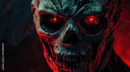 A disturbing mask featuring cracked skeletal elements, hollow eye sockets, and glowing red eyes.