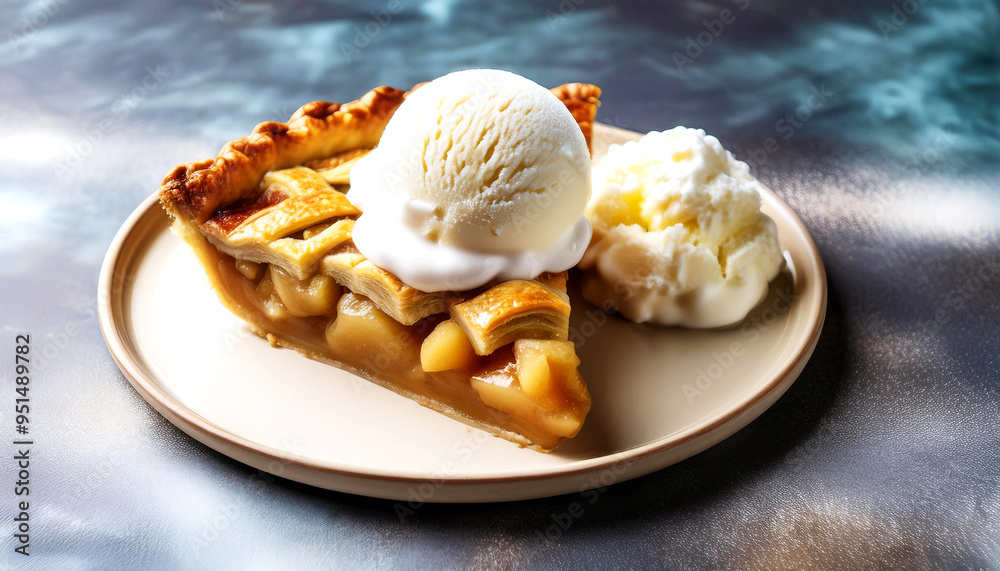 Delicious Apple Pie Slice with Golden Crust and Vanilla Scoop Delicious Apple Pie Slice with Golden Crust and Vanilla Scoop