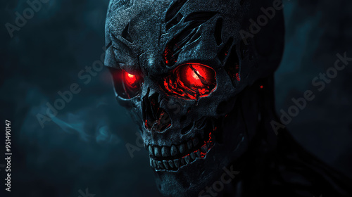 A terrifying mask with exaggerated, demonic features, sharp fangs, and glowing red eyes, surrounded by darkness.