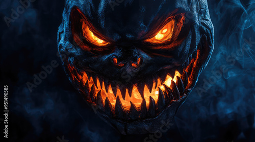 A disturbing mask with exaggerated demonic features, sharp fangs, and glowing red eyes, set against a dark environment.