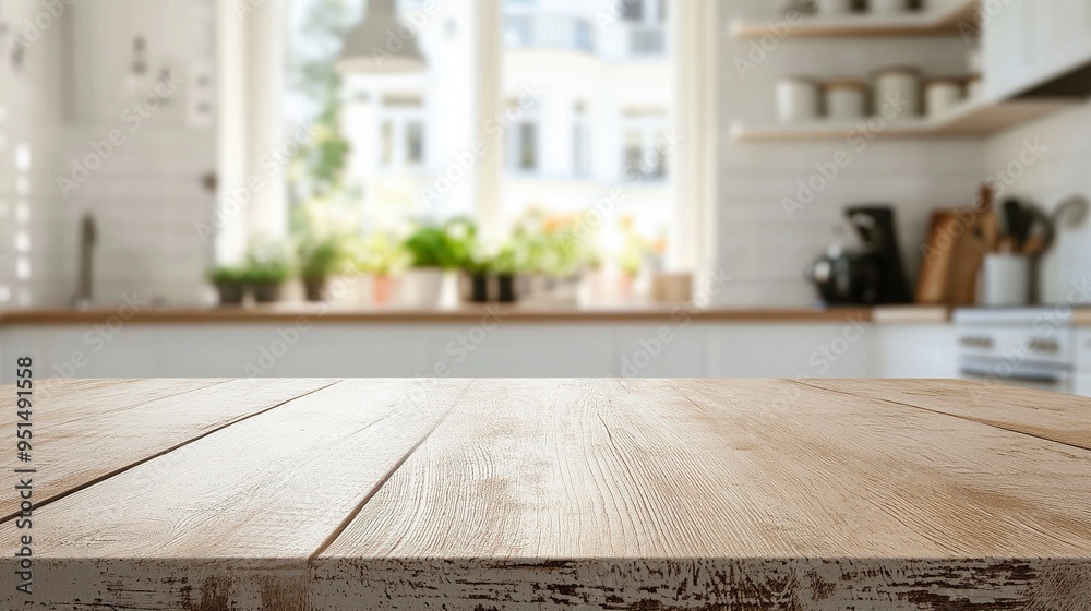 Empty wooden table with the bright white interior of the kitchen as a blurred background behind the bokeh. Empty wooden table with the bright white interior of the kitchen as a blurred background behind the bokeh.