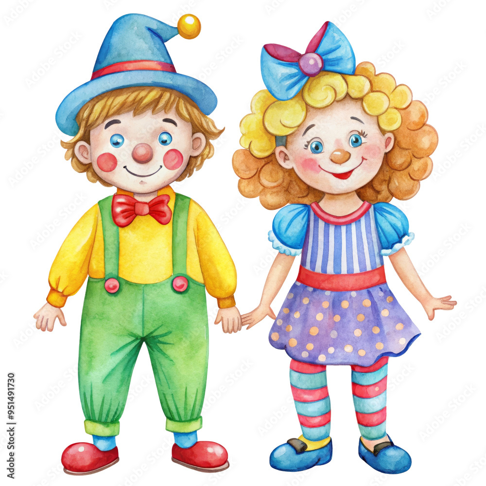 Two adorable clowns, a boy and a girl, holding hands, smiling with friendly faces. Both clowns wear colorful costumes with polka dots, stripes, and a bowtie. Two adorable clowns, a boy and a girl, holding hands, smiling with friendly faces. Both clowns wear colorful costumes with polka dots, stripes, and a bowtie.