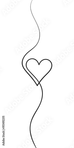 Heart in the middle of a vertical wavy line, Drawing with one black line on a white background
