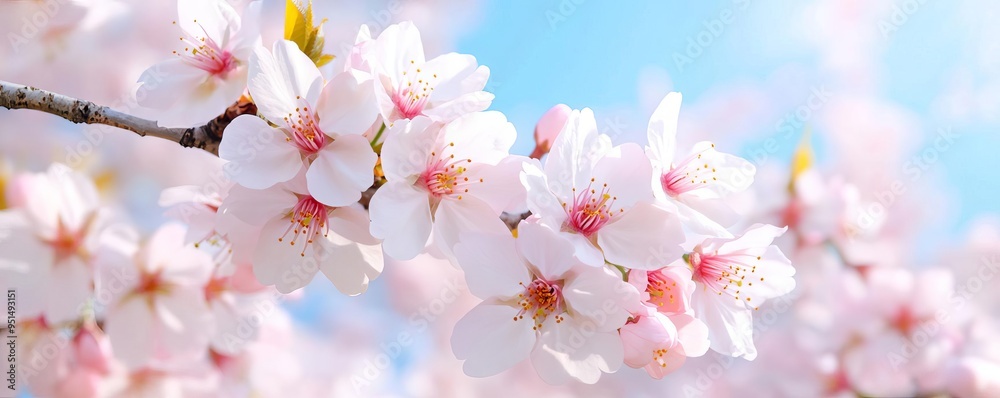 A serene cherry blossom orchard in full bloom, pale pink petals creating a canopy, peaceful spring atmosphere, blue sky background A serene cherry blossom orchard in full bloom, pale pink petals creating a canopy, peaceful spring atmosphere, blue sky background