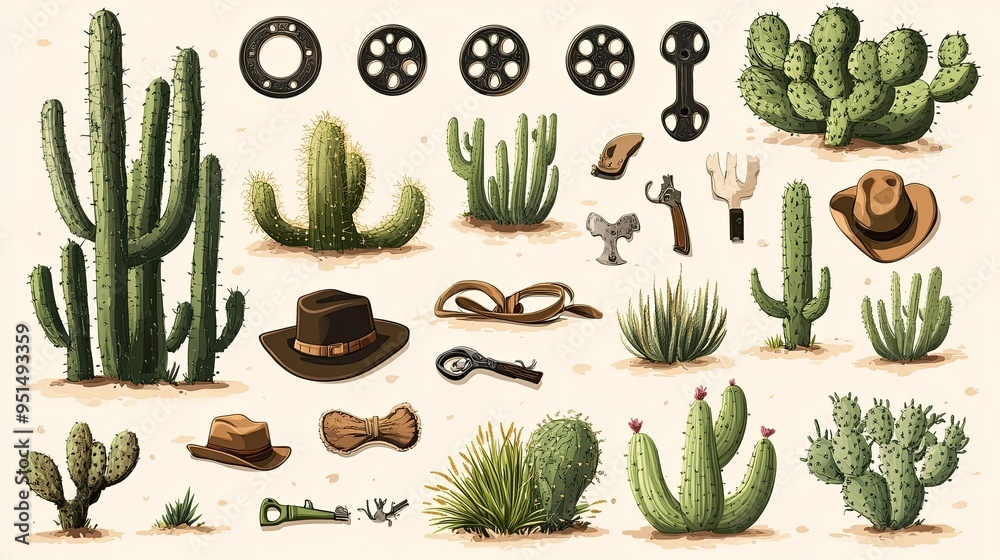 A collection of detailed vector illustrations with a Wild West theme, including elements like horseshoes, cacti, and cowboy hats. A collection of detailed vector illustrations with a Wild West theme, including elements like horseshoes, cacti, and cowboy hats.