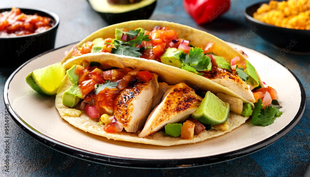 Spicy Mexican Taco with Grilled Chicken, Salsa, and Avocado Slices Spicy Mexican Taco with Grilled Chicken, Salsa, and Avocado Slices