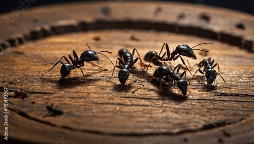 Group of Ants Around a Wooden Plate.