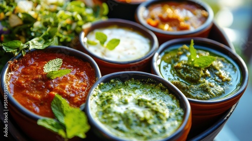 A colorful platter of Indian chutneys, including mint, tamarind, and coconut, showcasing the variety and vibrancy of Indian condiments.