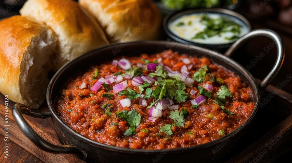 A colorful serving of pav bhaji with buttered buns, capturing the rich, spicy flavors of this popular Indian street food. A colorful serving of pav bhaji with buttered buns, capturing the rich, spicy flavors of this popular Indian street food.