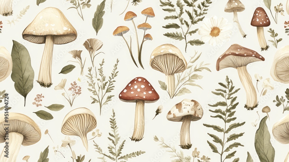 Enchanting design featuring tiny mushrooms, fern leaves, and delicate flowers in soft earthy shades, ideal for tea packaging. Enchanting design featuring tiny mushrooms, fern leaves, and delicate flowers in soft earthy shades, ideal for tea packaging.
