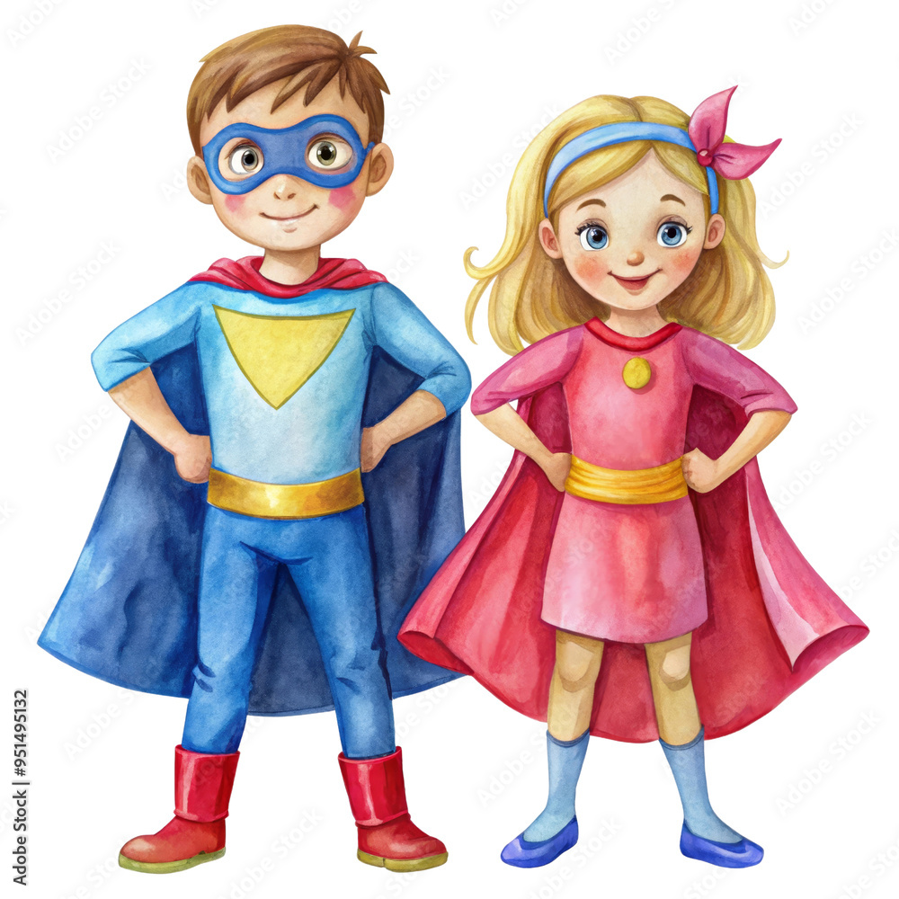 A young boy and girl dressed as superheroes, symbolizing strength, courage, teamwork, imagination, and childhood innocence. A young boy and girl dressed as superheroes, symbolizing strength, courage, teamwork, imagination, and childhood innocence.