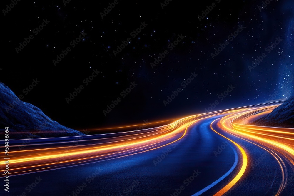 A captivating night scene showcasing a winding road illuminated by streaks of light against a starry sky.