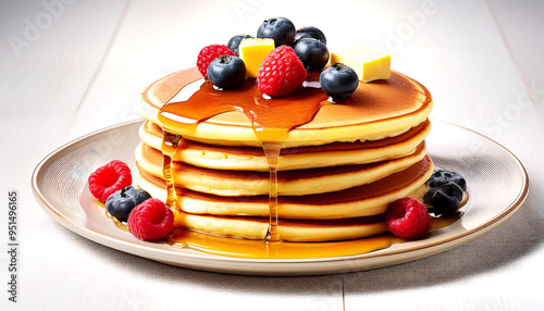 Delicious Pancake Stack with Maple Syrup, Butter, and Fresh Berries