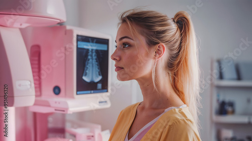 Woman undergoing mammogram for breast cancer screening