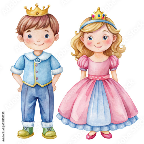 A prince and princess standing side-by-side, showcasing a classic fairy tale theme with a touch of whimsy. The prince wears a blue suit and a golden crown, while the princess dons a pink gown and a je photo