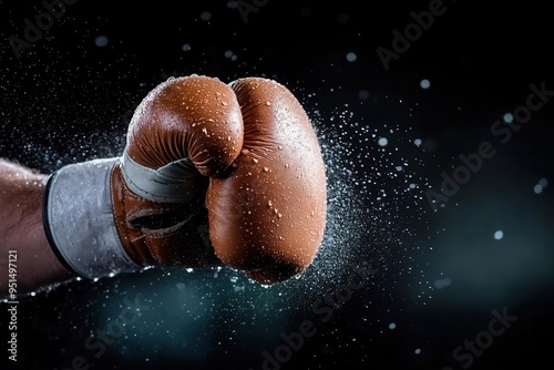 A close-up of a boxing glove striking with dynamic motion and splashes, showcasing power and athleticism in the sport of boxing.