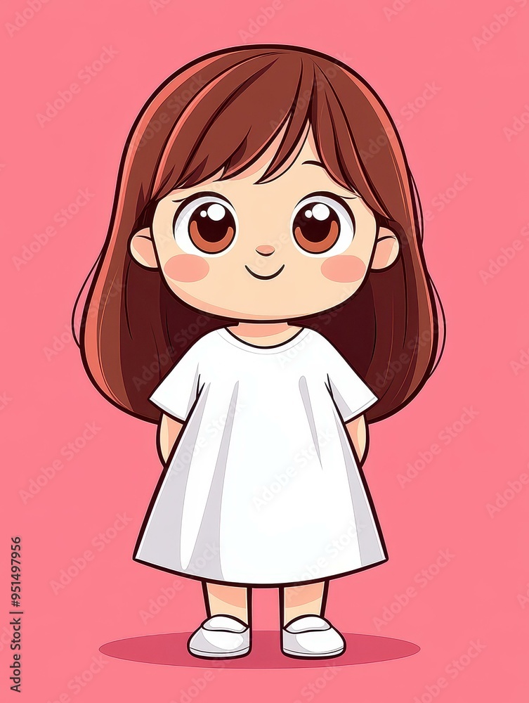 Adorable cartoon illustration of a joyful yearold girl with a round face, big eyes, and brown hair in a white dress.