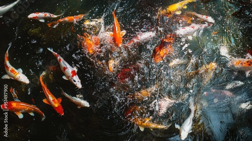 A group of Koi carps darting through the water, their swift movements creating a dynamic and lively scene in the pond.