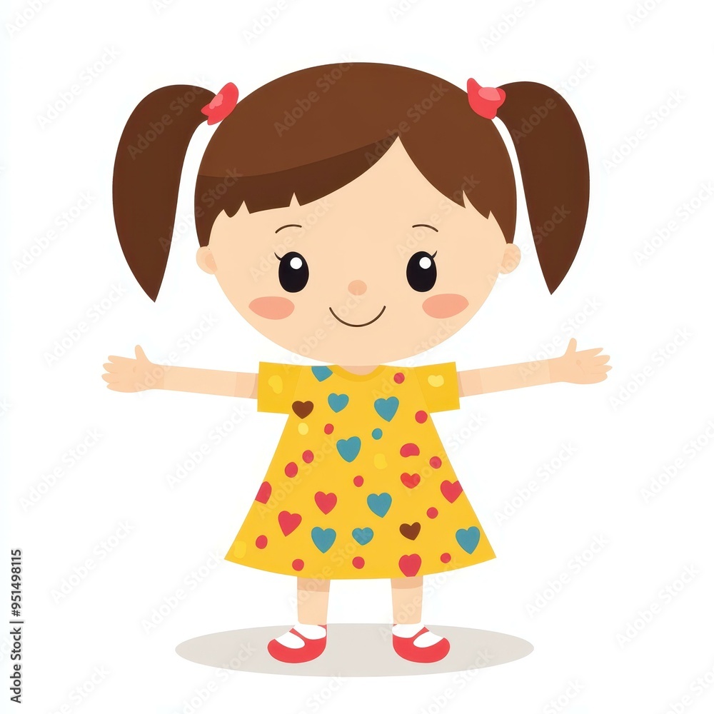 A cheerful baby girl stands with a radiant smile in her colorful dress, embodying kawaii charm against a clean backdrop. A cheerful baby girl stands with a radiant smile in her colorful dress, embodying kawaii charm against a clean backdrop.